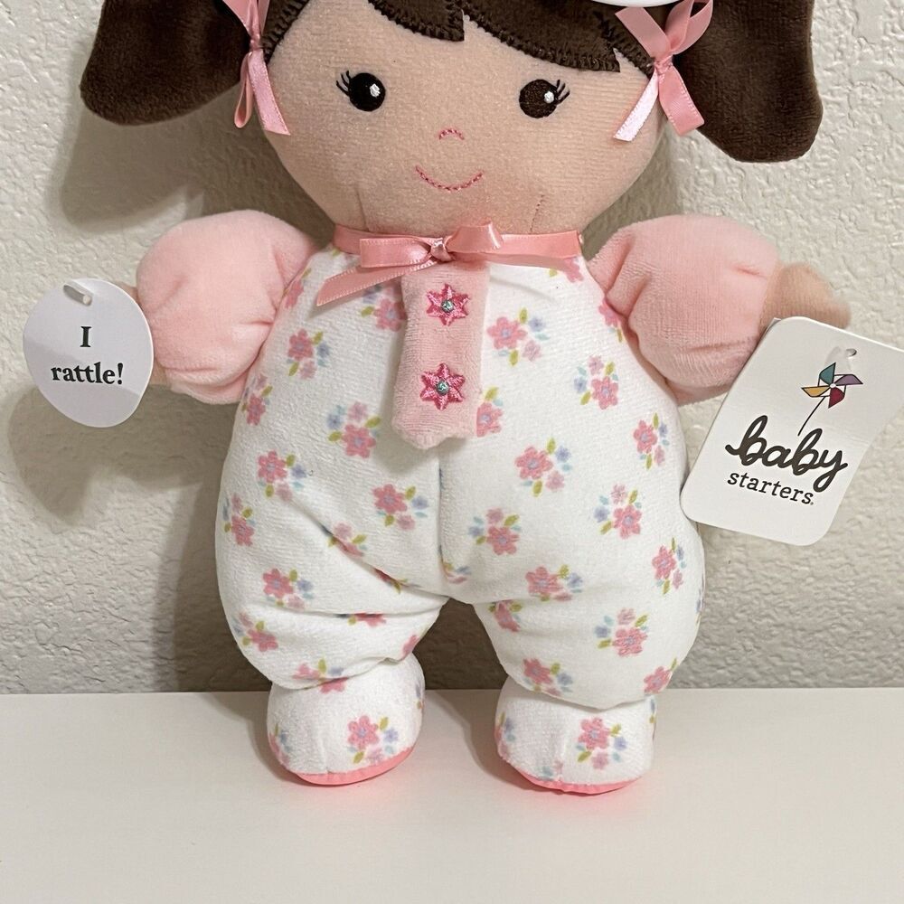 Baby Starters Plush Brunette Olivia Baby Doll with Rattle Lovey Pink Floral 10" - Picture 5 of 10